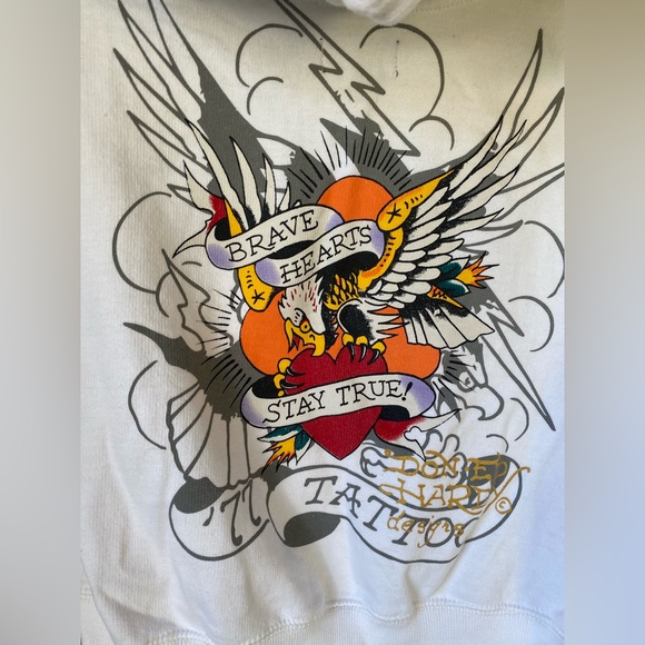 Ed Hardy Juniors Cropped White Hoodie with Tattoo Graphic Retro 90s XL - Picture 8 of 11